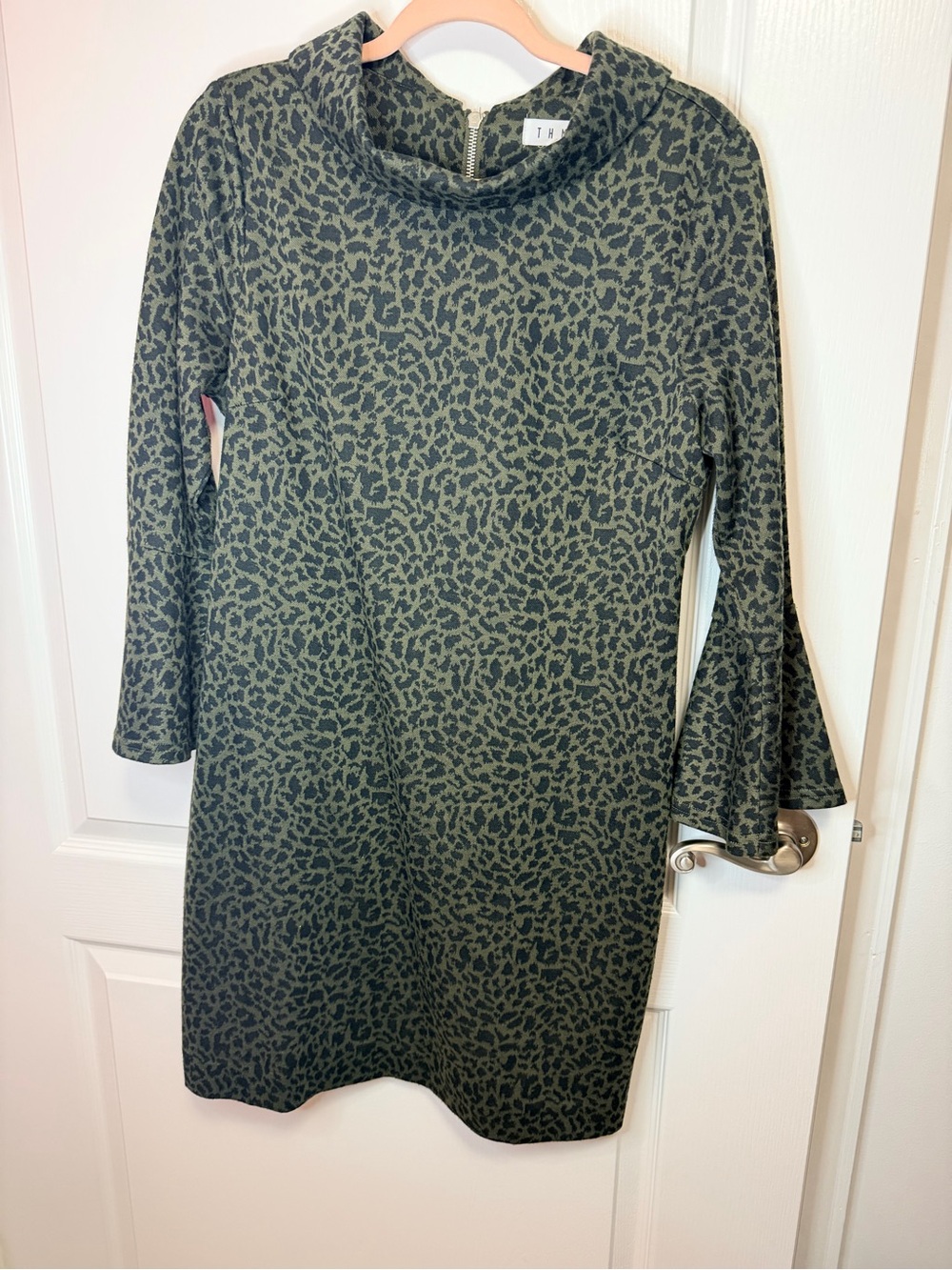 THML Olive and Black Leopard Print Long-Sleeve Dress